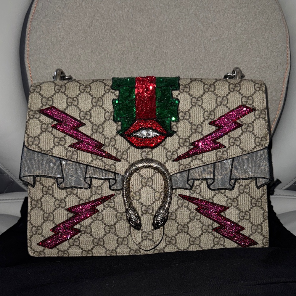 Gucci Beige GG Supreme Shoulder Bag with Pink and Green Glitter Accents
